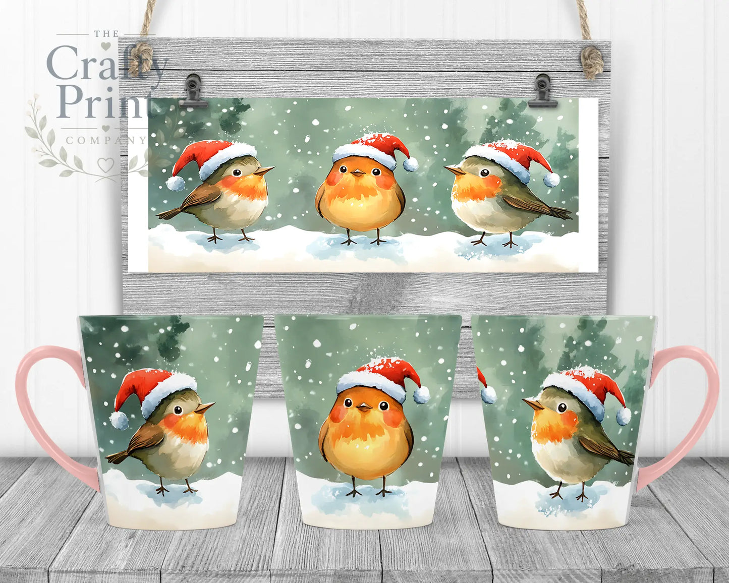 Christmas Robin Mug - 12oz Latte / Pink Handle & Inner