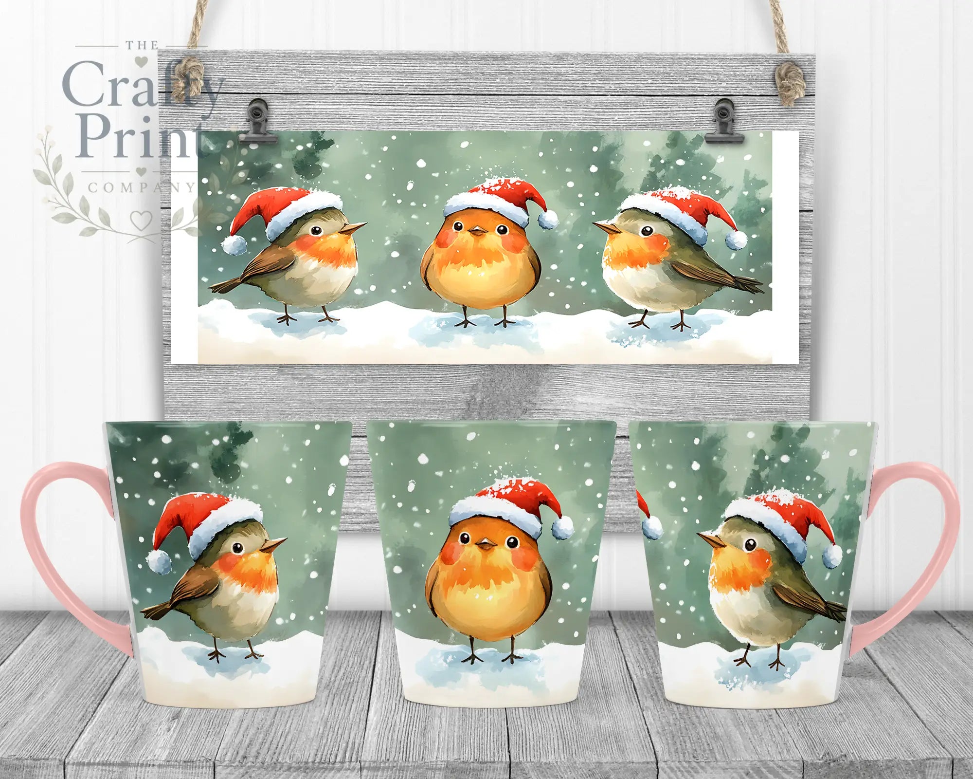 Christmas Robin Mug - 12oz Latte / Pink Handle & Inner
