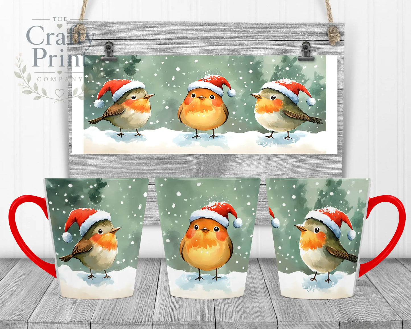 Christmas Robin Mug - 12oz Latte / Red Handle & Inner - Mugs