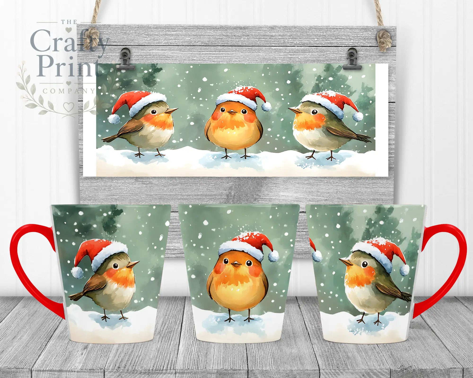 Christmas Robin Mug - 12oz Latte / Red Handle & Inner - Mugs