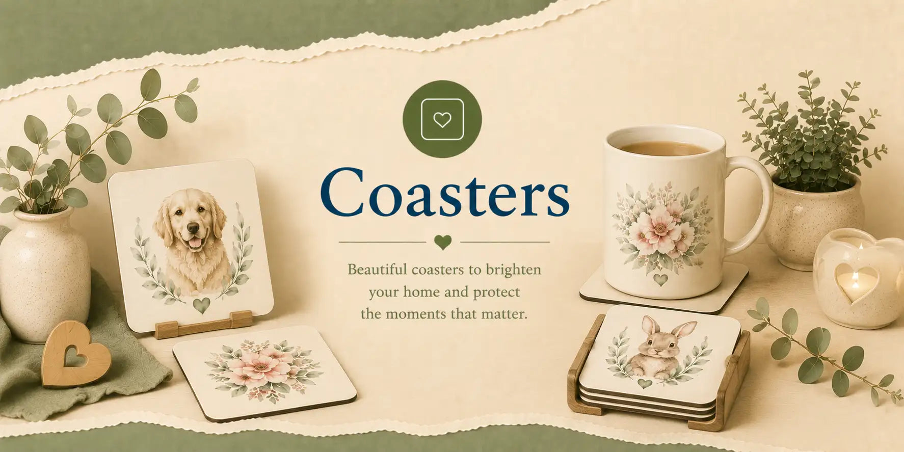 Beige ceramic coasters featuring delicate floral and animal illustrations with a subtle heart accent.