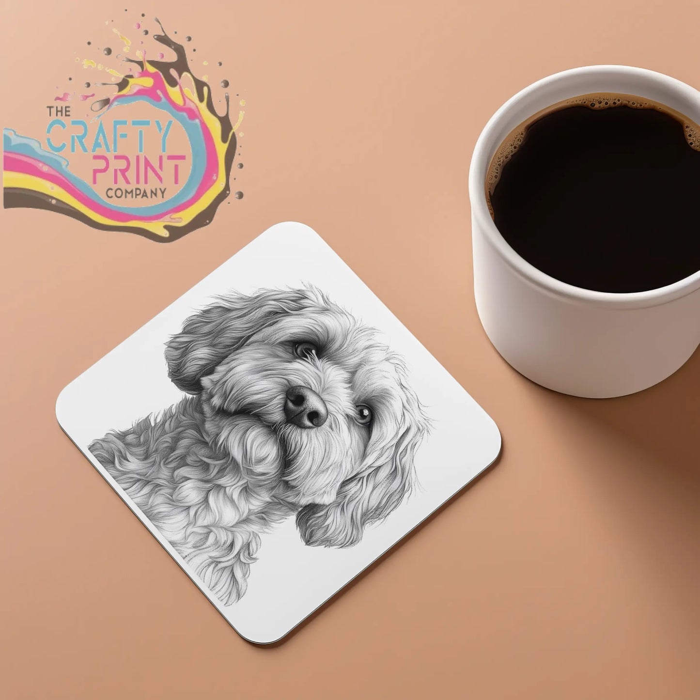White square coaster with a black and white cockapoo pencil drawing of a fluffy dog face pencil drawing coaster