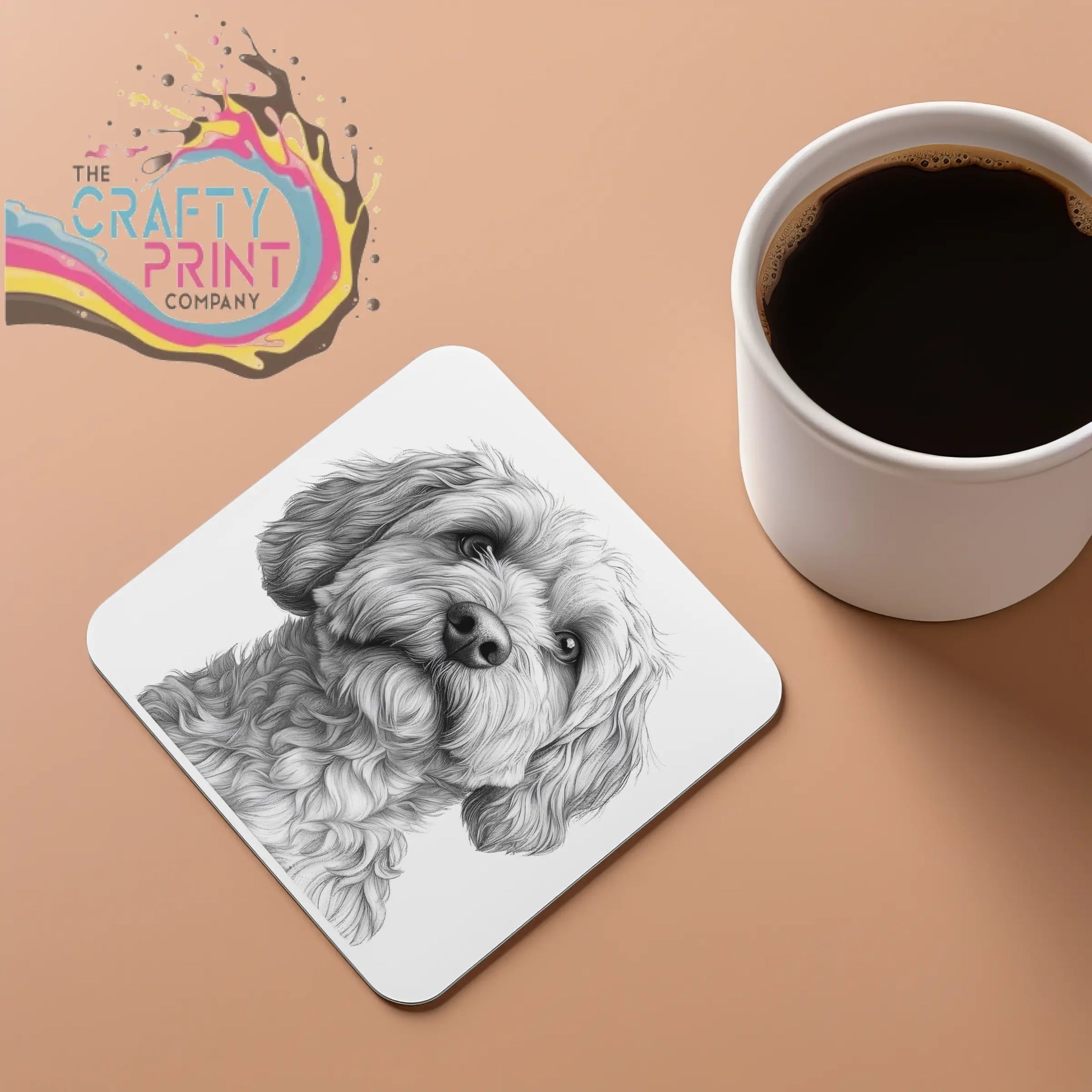White square coaster with a black and white cockapoo pencil drawing of a fluffy dog face pencil drawing coaster