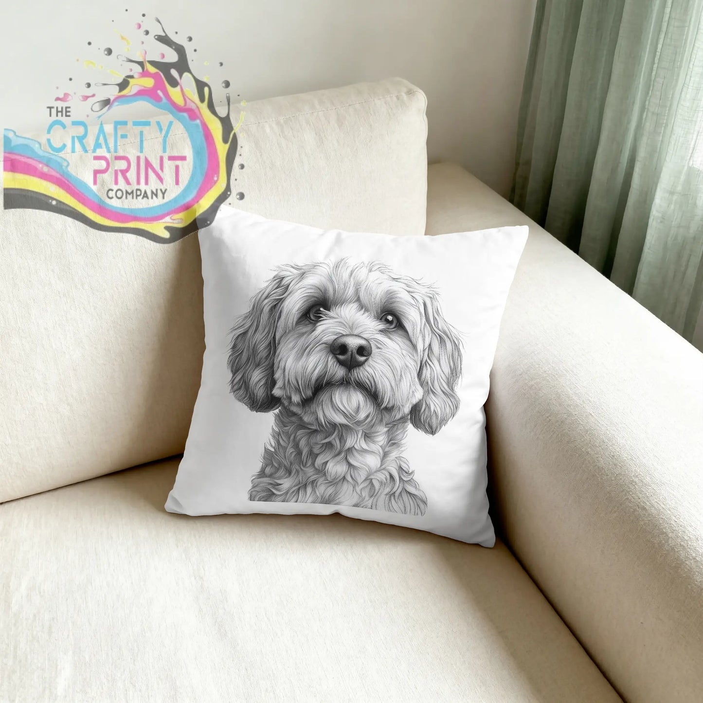 White pillow with a detailed black-and-white cockapoo pencil drawing cushion featuring a fluffy dog face design