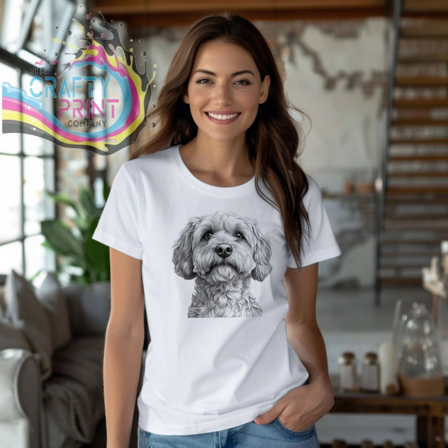 White cotton t-shirt featuring a detailed black-and-white cockapoo pencil drawing centered on the chest