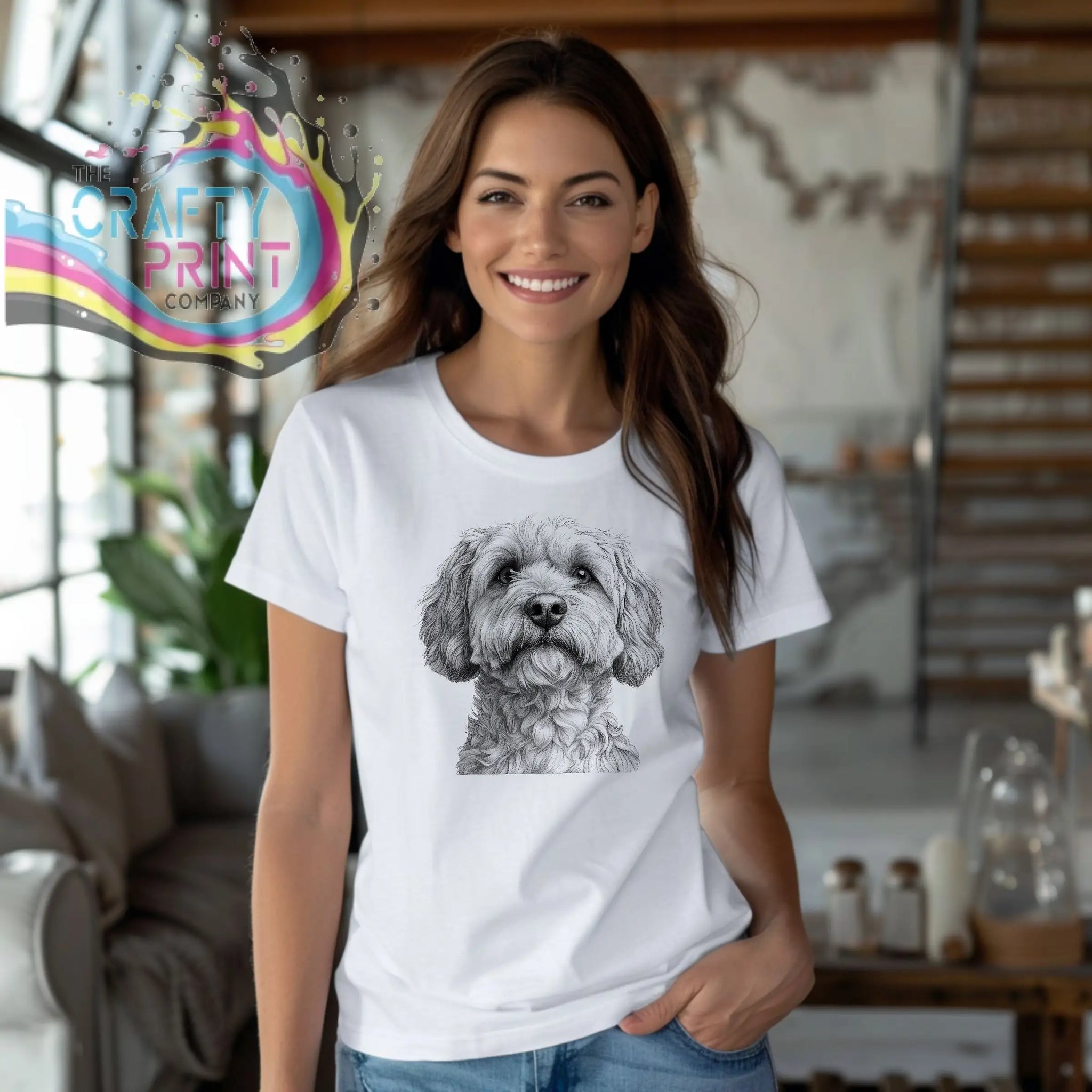 White cotton t-shirt featuring a detailed black-and-white cockapoo pencil drawing centered on the chest