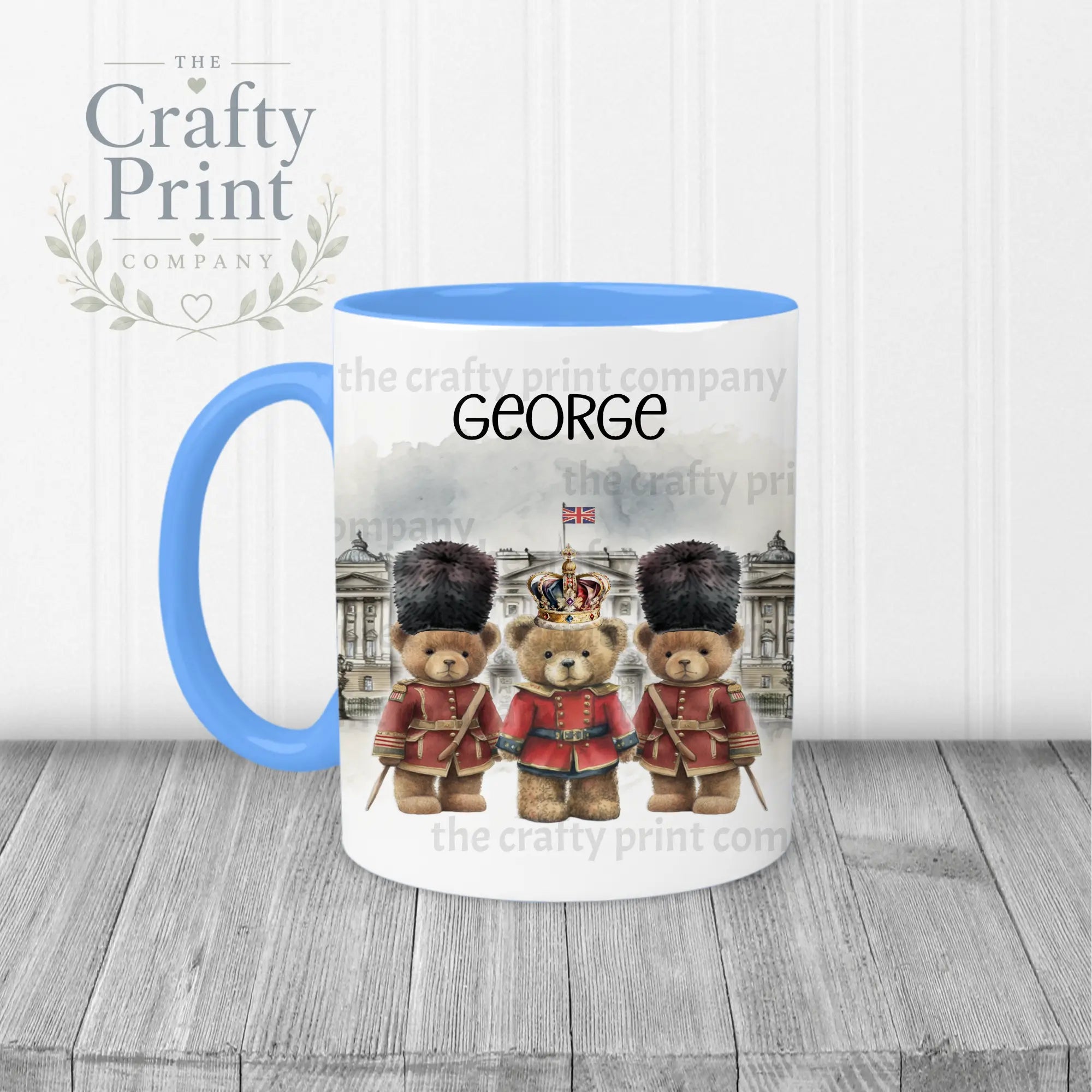 Coronation Palace Bears Personalised Mug - Blue Handle &