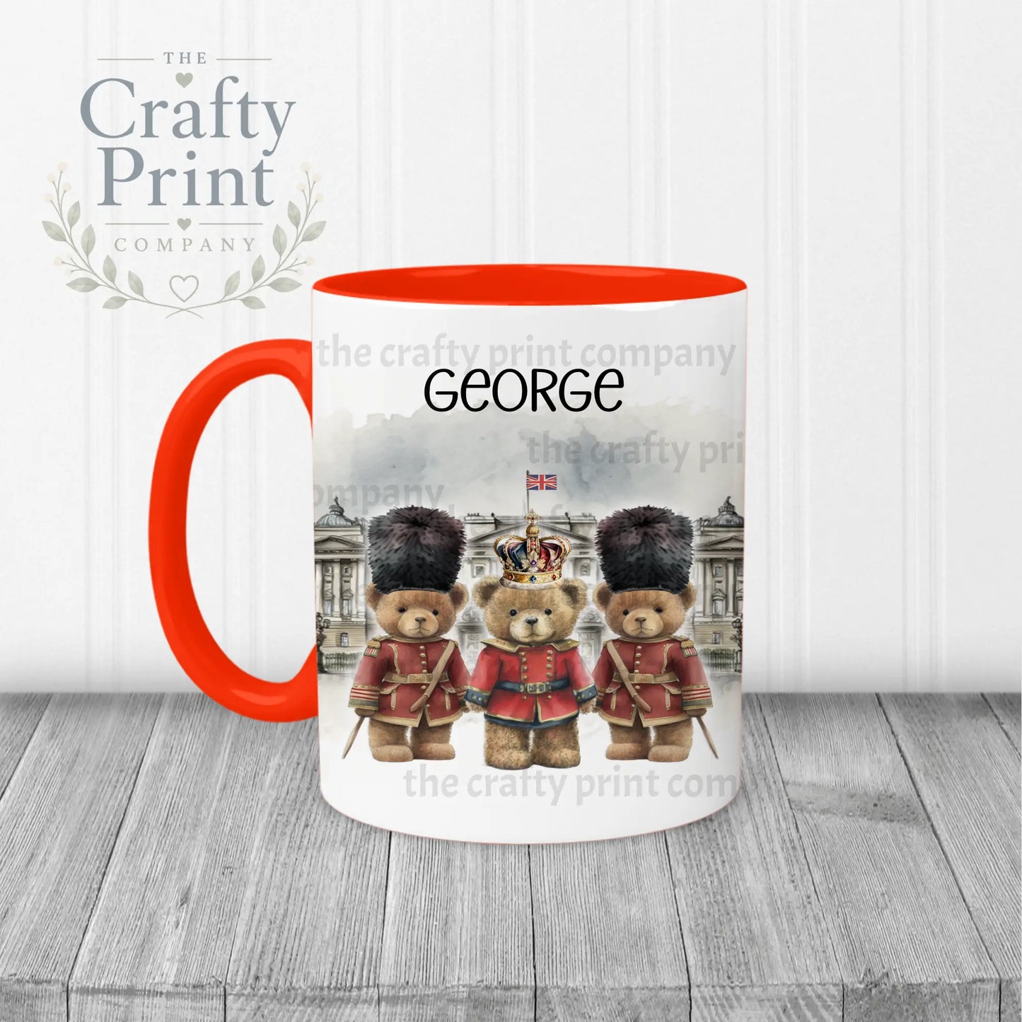Coronation Palace Bears Personalised Mug - Red Handle &