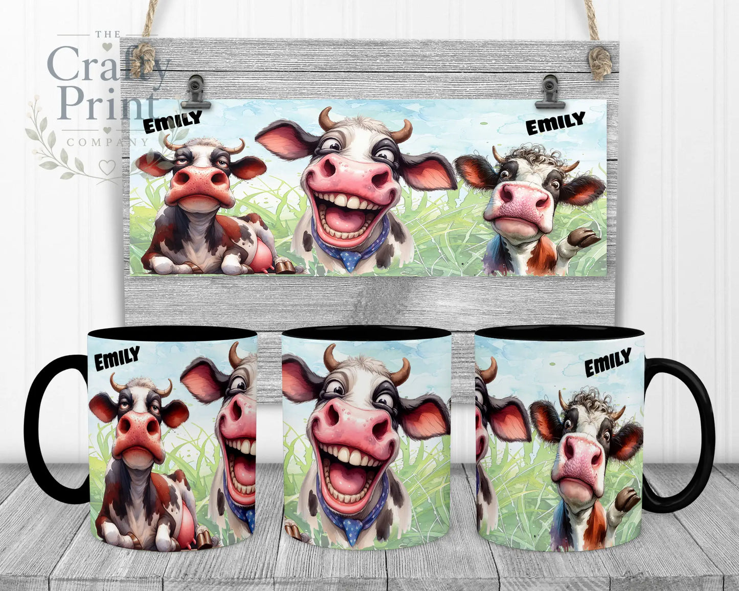Cow Funny Faces Mug - Black Handle & Inner - Mugs
