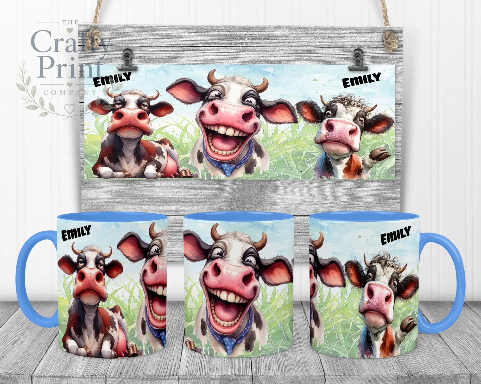 Cow Funny Faces Mug - Blue Handle & Inner - Mugs