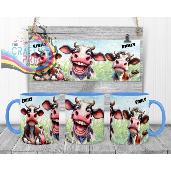 Cow Funny Faces Mug - Blue Handle & Inner Mugs