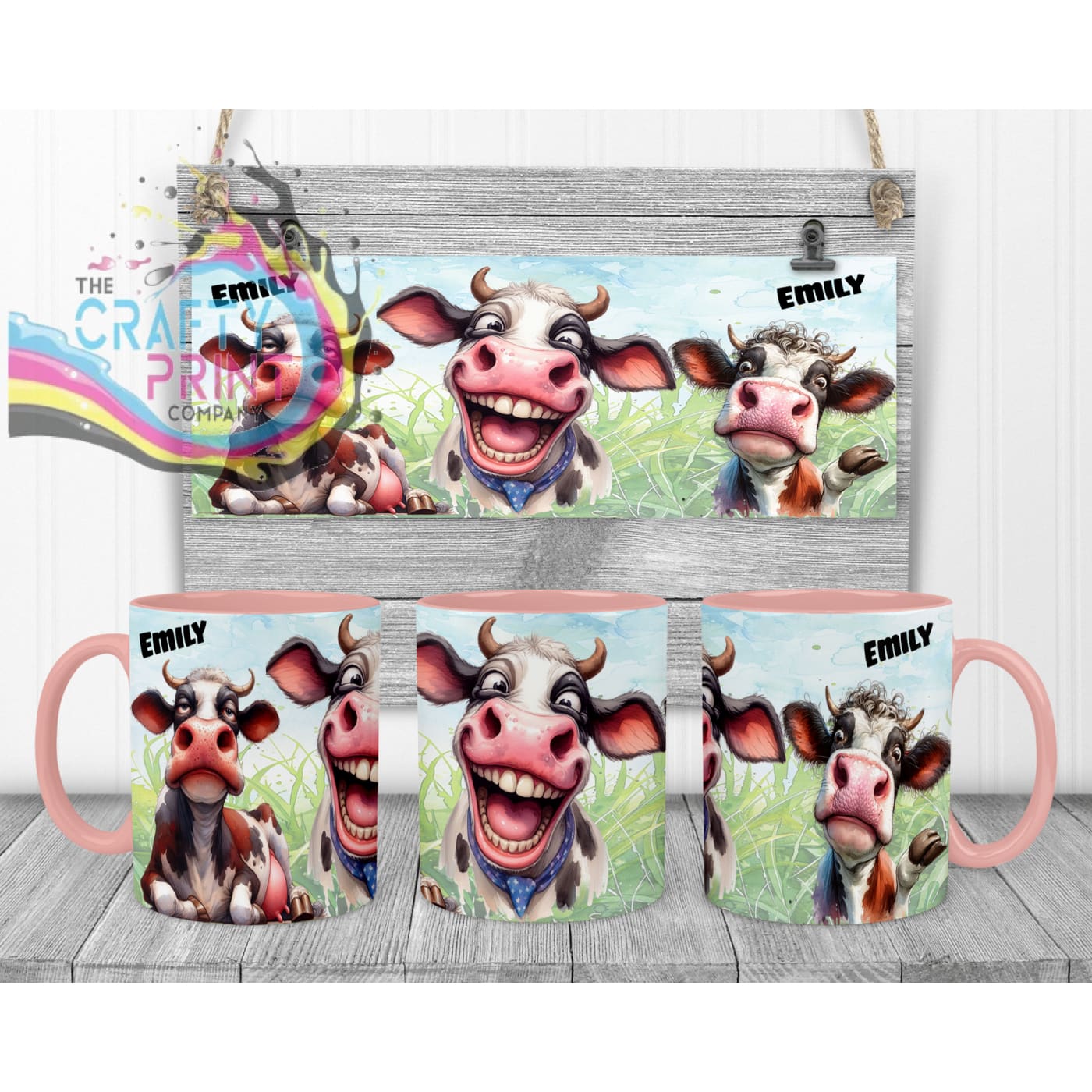 Cow Funny Faces Mug - Pink Handle & Inner - Mugs