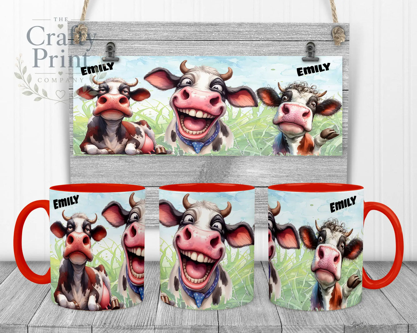 Cow Funny Faces Mug - Red Handle & Inner - Mugs