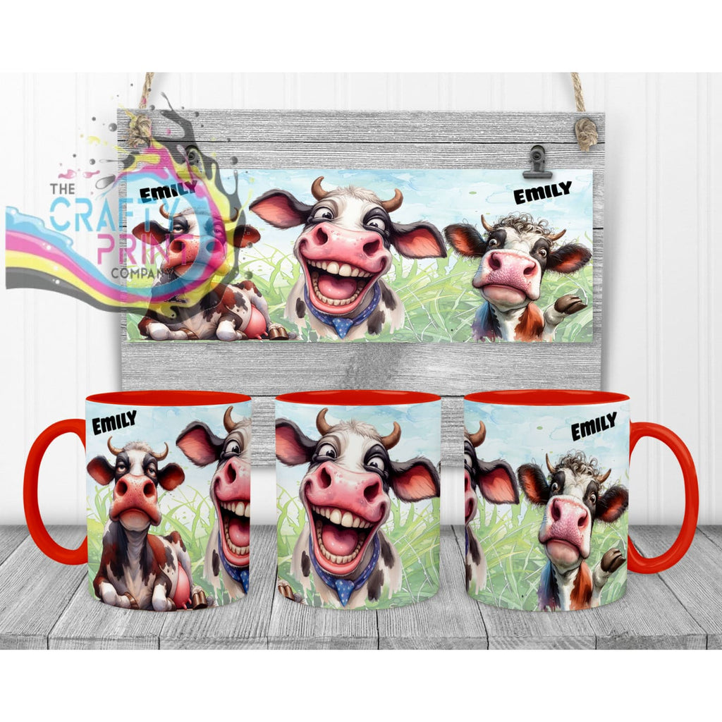 Cow Funny Faces Mug - Red Handle & Inner Mugs