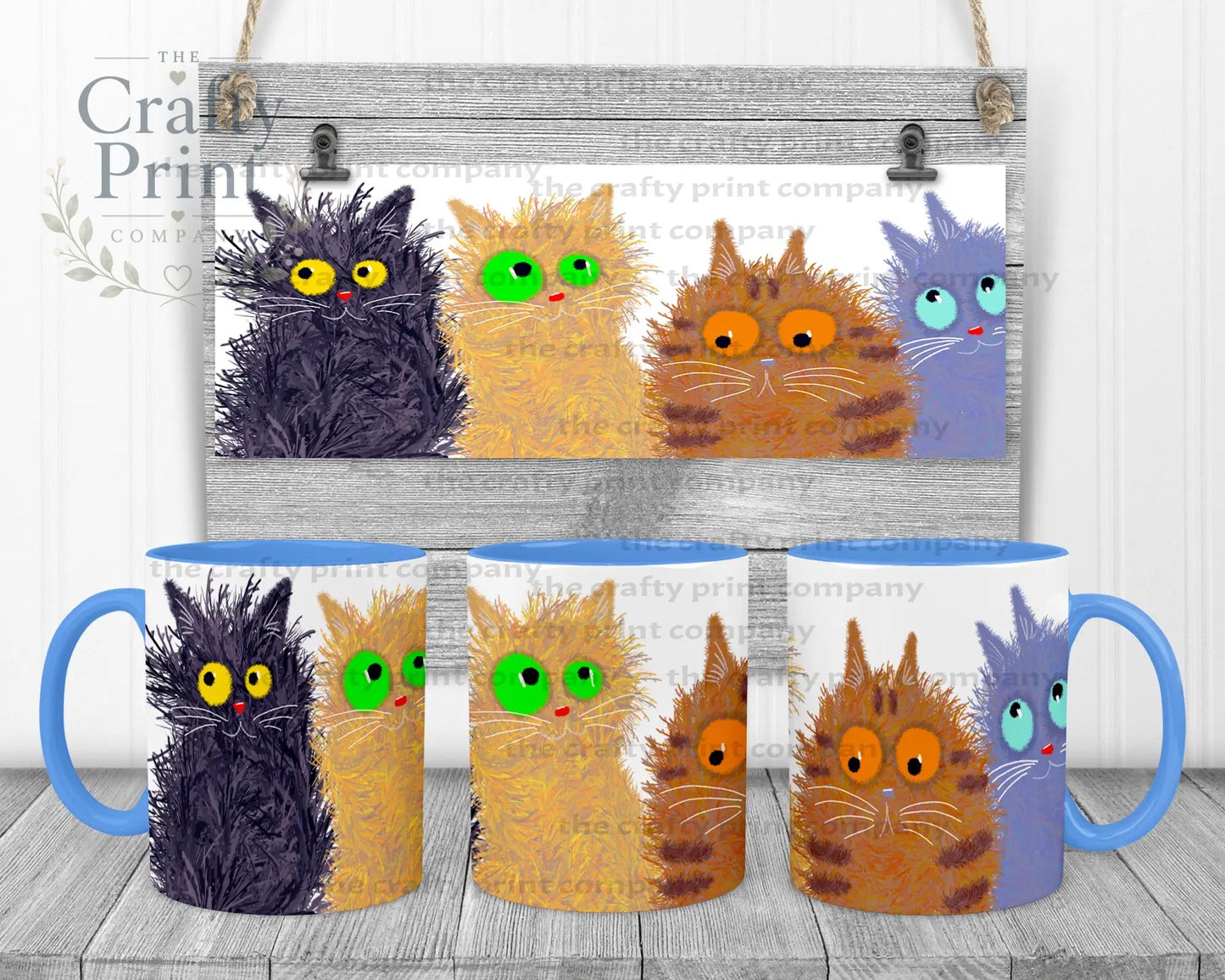 Cute Cartoon Cats Mug - Blue Handle & Inner - Mugs