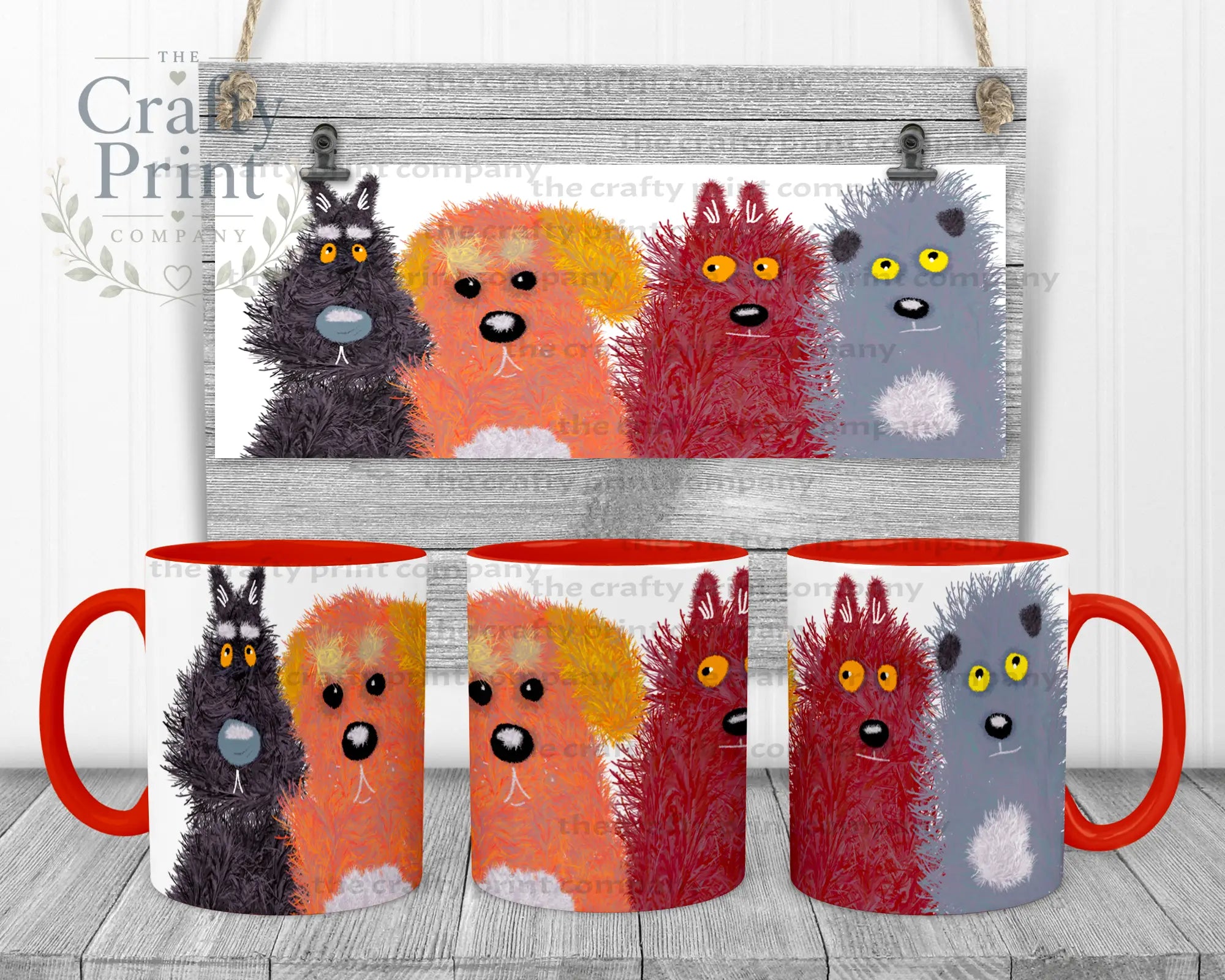 Cute Cartoon Dogs Mug - Red Handle & Inner - Mugs