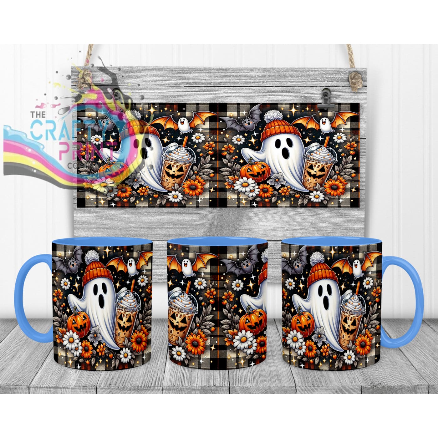 Cute Ghost Pumpkin Mug - 11oz Ceramic / Blue Handle & Inner