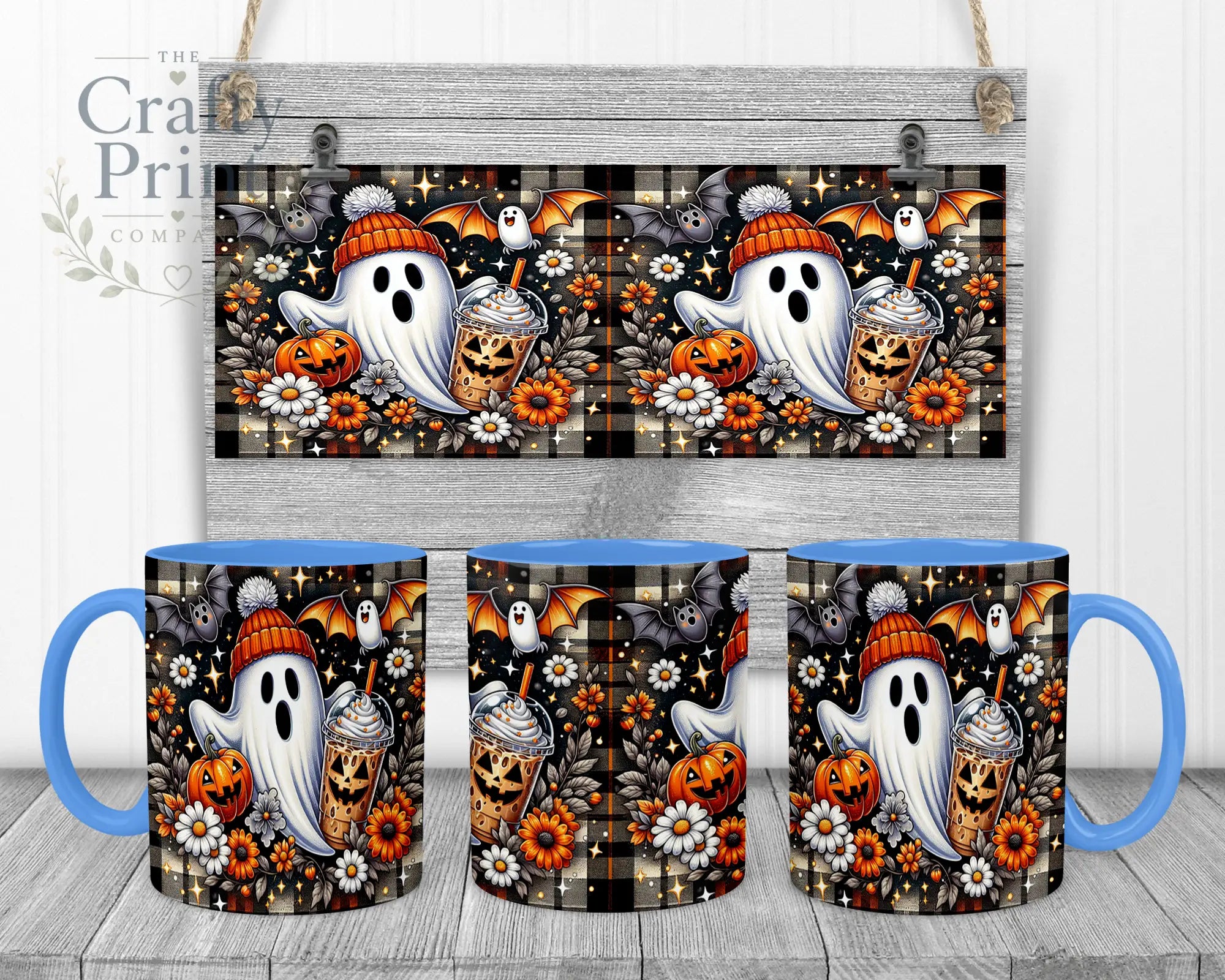 Cute Ghost Pumpkin Mug - 11oz Ceramic / Blue Handle & Inner