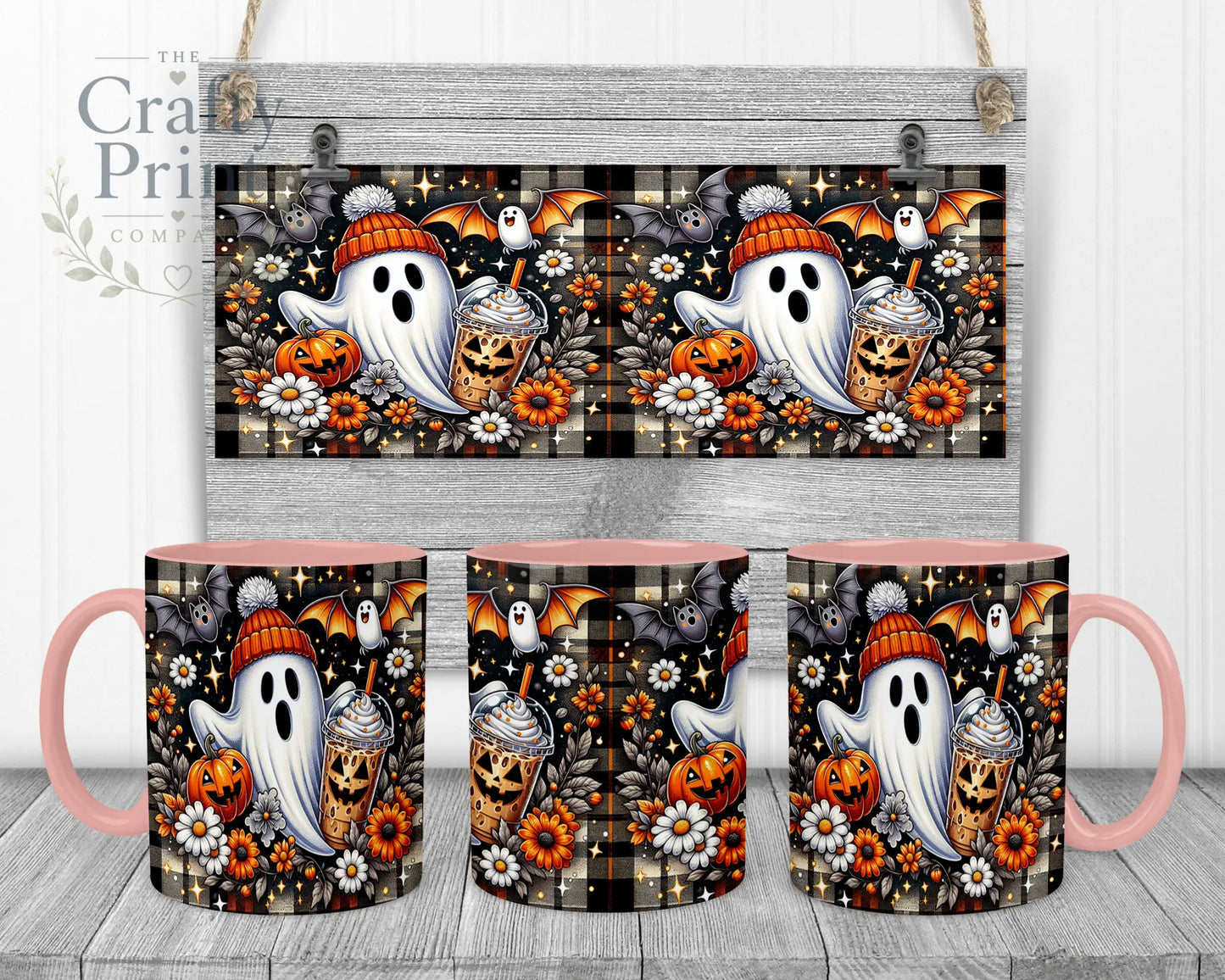 Cute Ghost Pumpkin Mug - 11oz Ceramic / Pink Handle & Inner