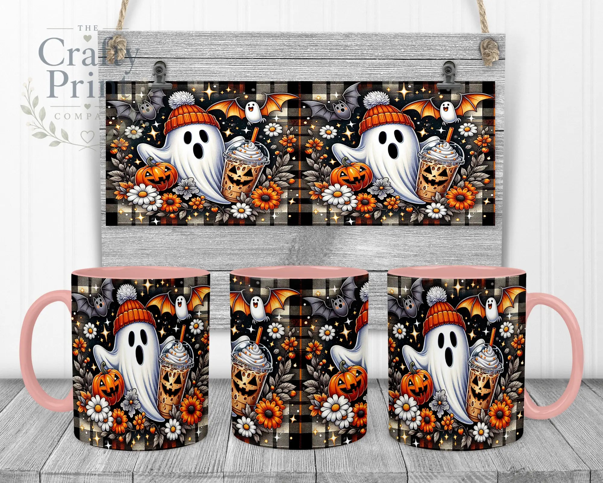 Cute Ghost Pumpkin Mug - 11oz Ceramic / Pink Handle & Inner