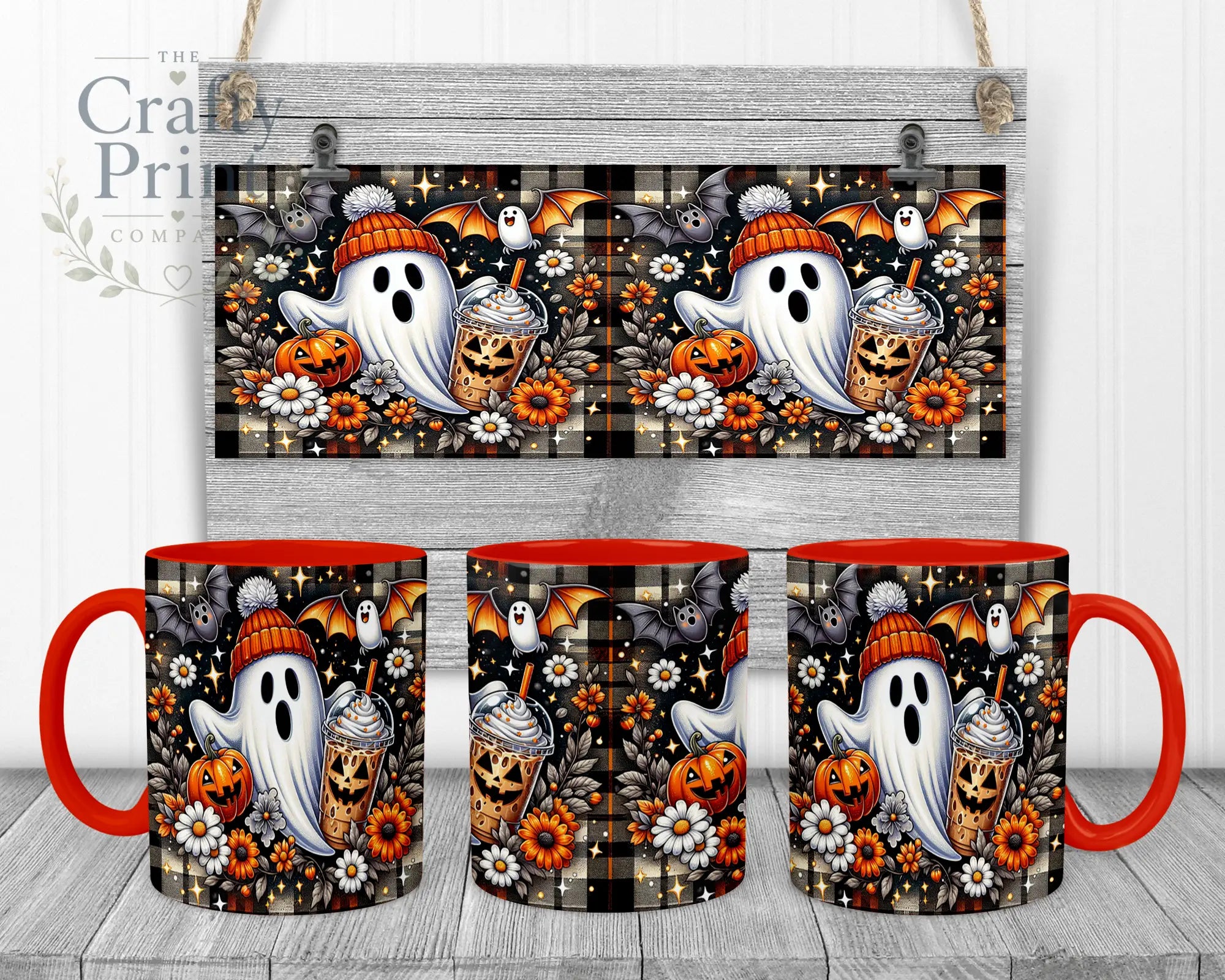 Cute Ghost Pumpkin Mug - 11oz Ceramic / Red Handle & Inner