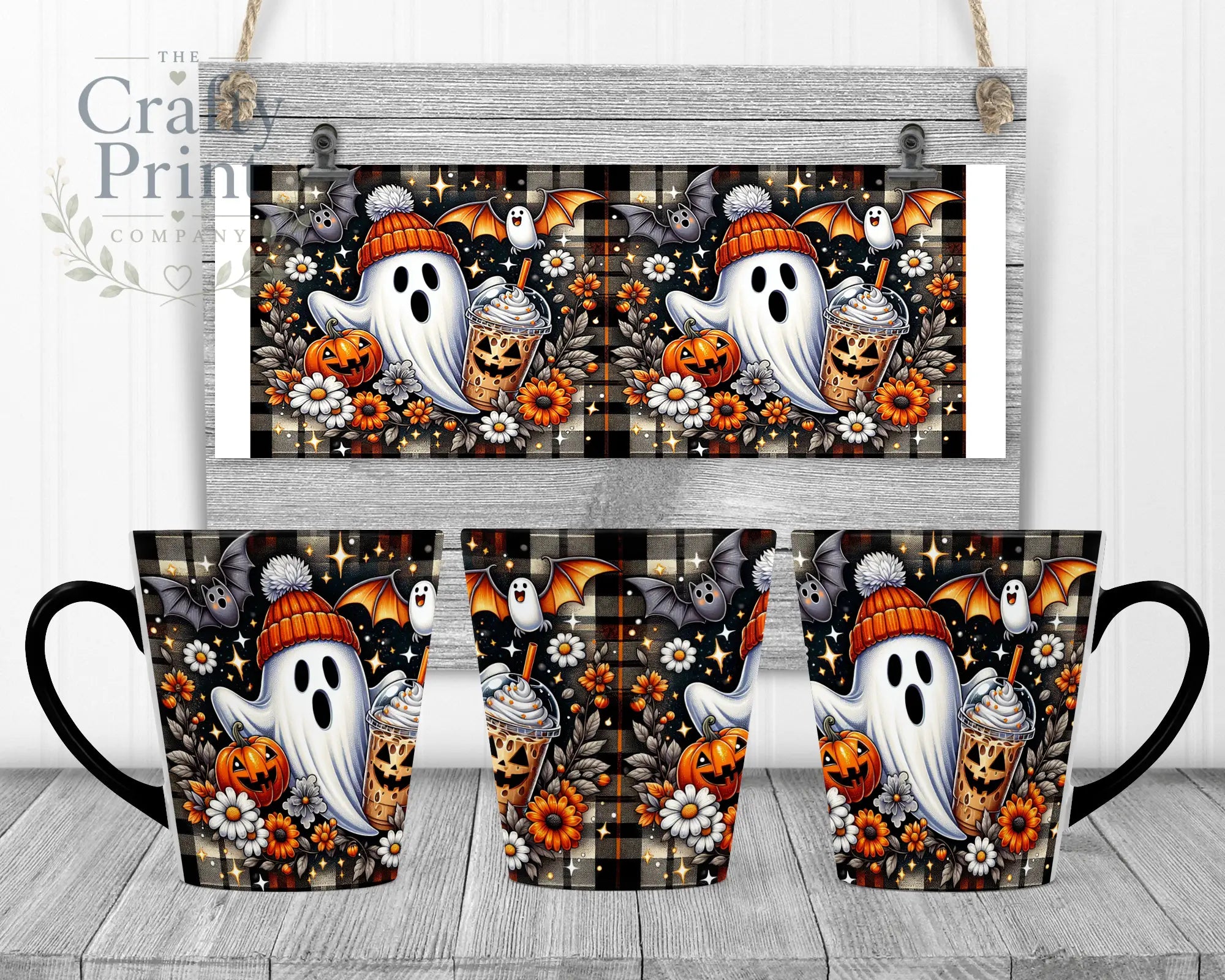 Cute Ghost Pumpkin Mug - 12oz Latte / Black Handle & Inner