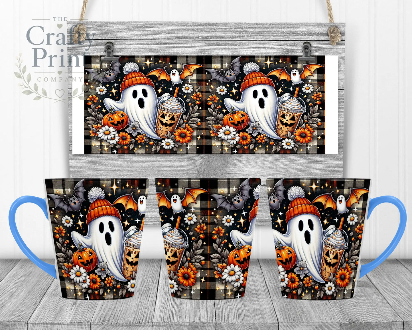 Cute Ghost Pumpkin Mug - 12oz Latte / Blue Handle & Inner