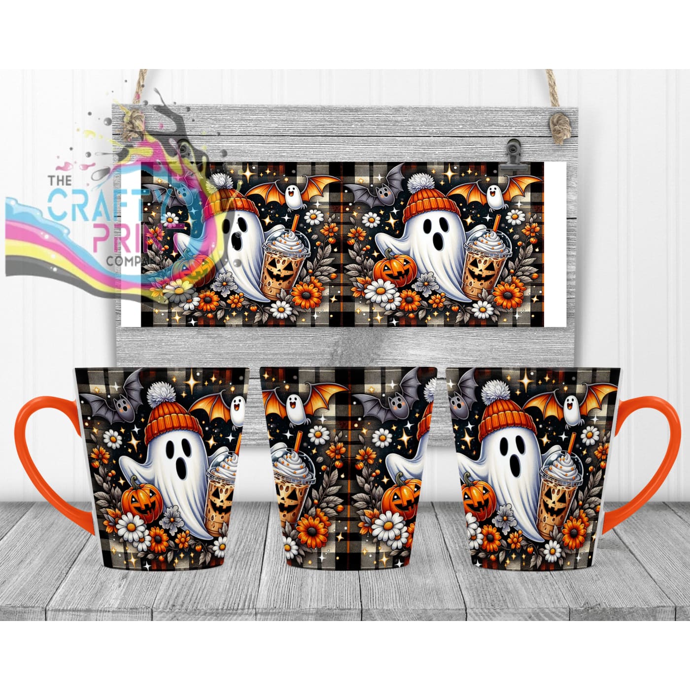 Cute Ghost Pumpkin Mug - 12oz Latte / Orange Handle & Inner