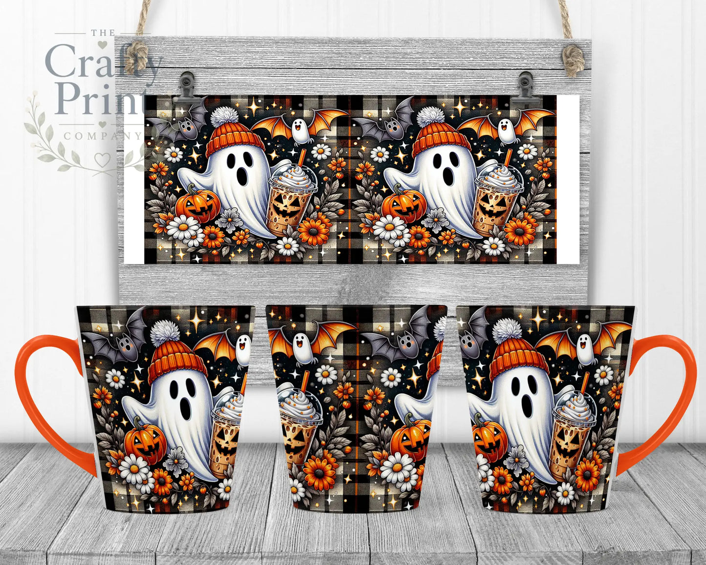 Cute Ghost Pumpkin Mug - 12oz Latte / Orange Handle & Inner