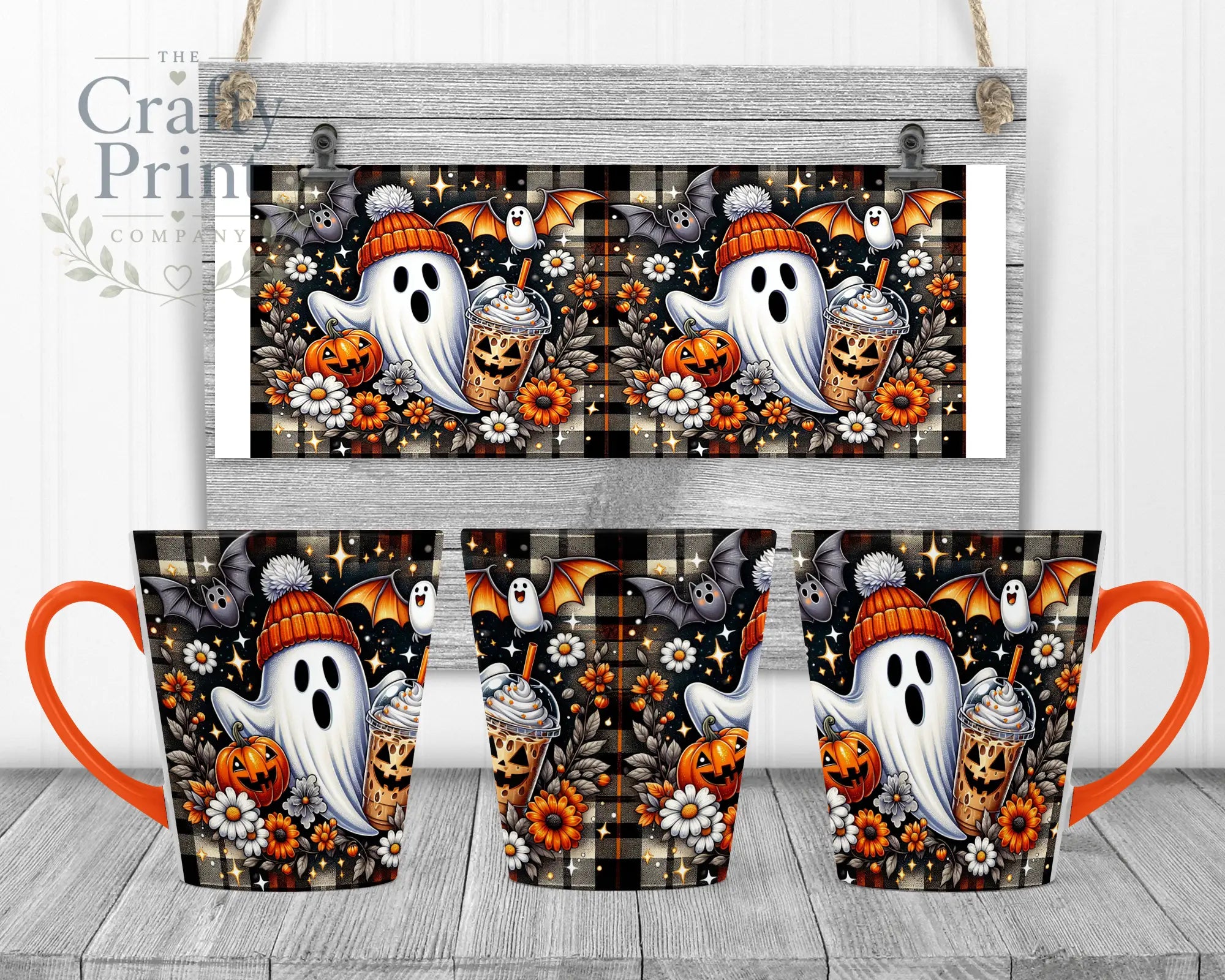 Cute Ghost Pumpkin Mug - 12oz Latte / Orange Handle & Inner