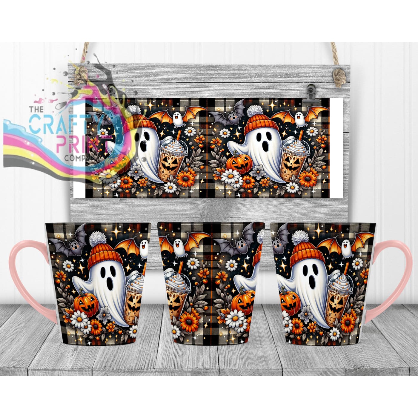 Cute Ghost Pumpkin Mug - 12oz Latte / Pink Handle & Inner