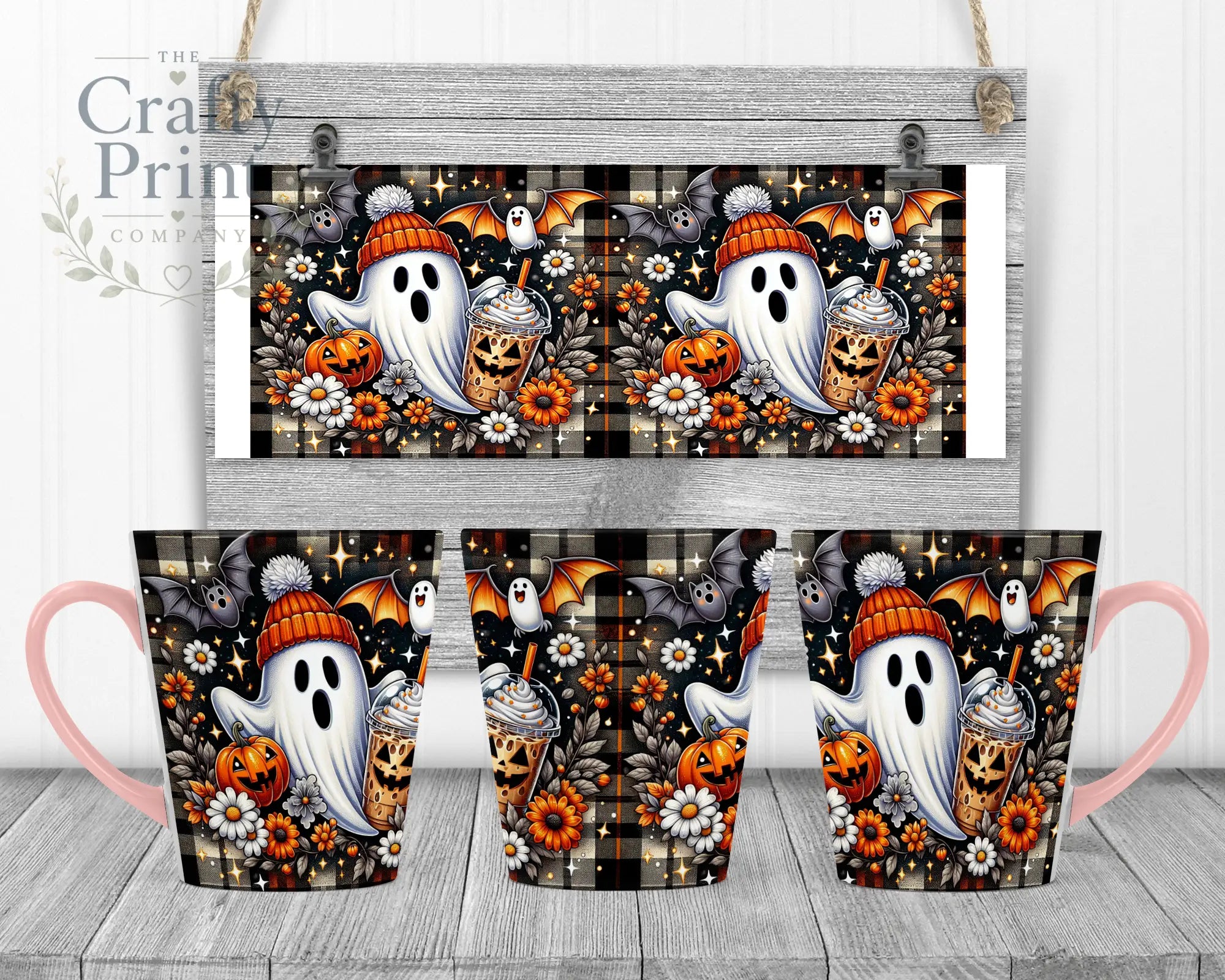 Cute Ghost Pumpkin Mug - 12oz Latte / Pink Handle & Inner