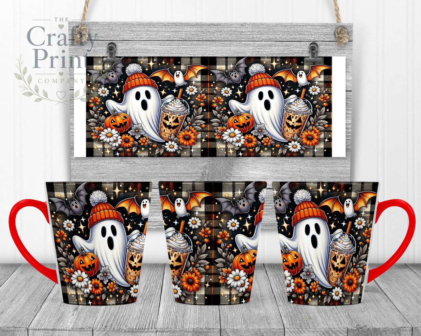 Cute Ghost Pumpkin Mug - 12oz Latte / Red Handle & Inner