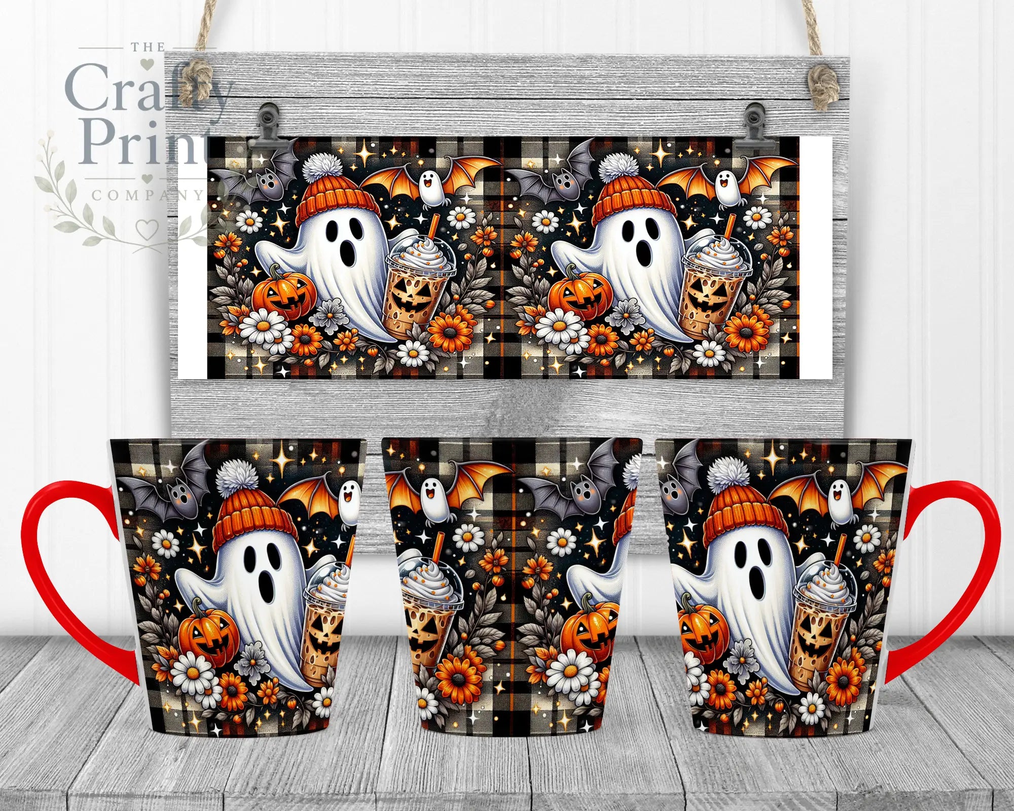 Cute Ghost Pumpkin Mug - 12oz Latte / Red Handle & Inner