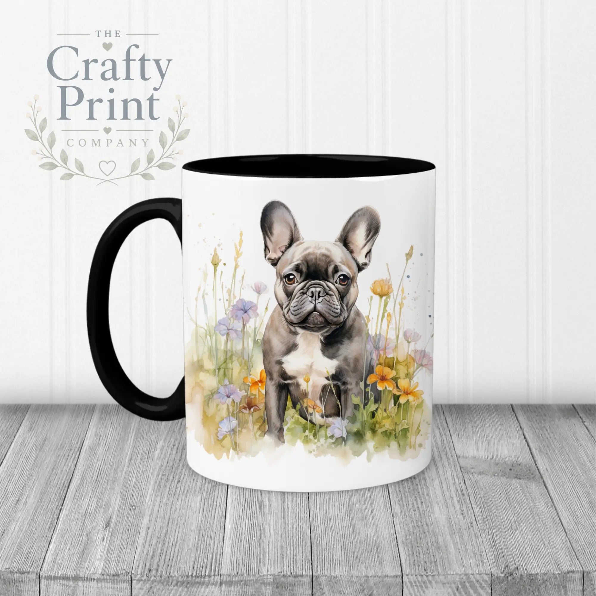 Dark French Bulldog Flowers Mug - 11oz Ceramic / Black