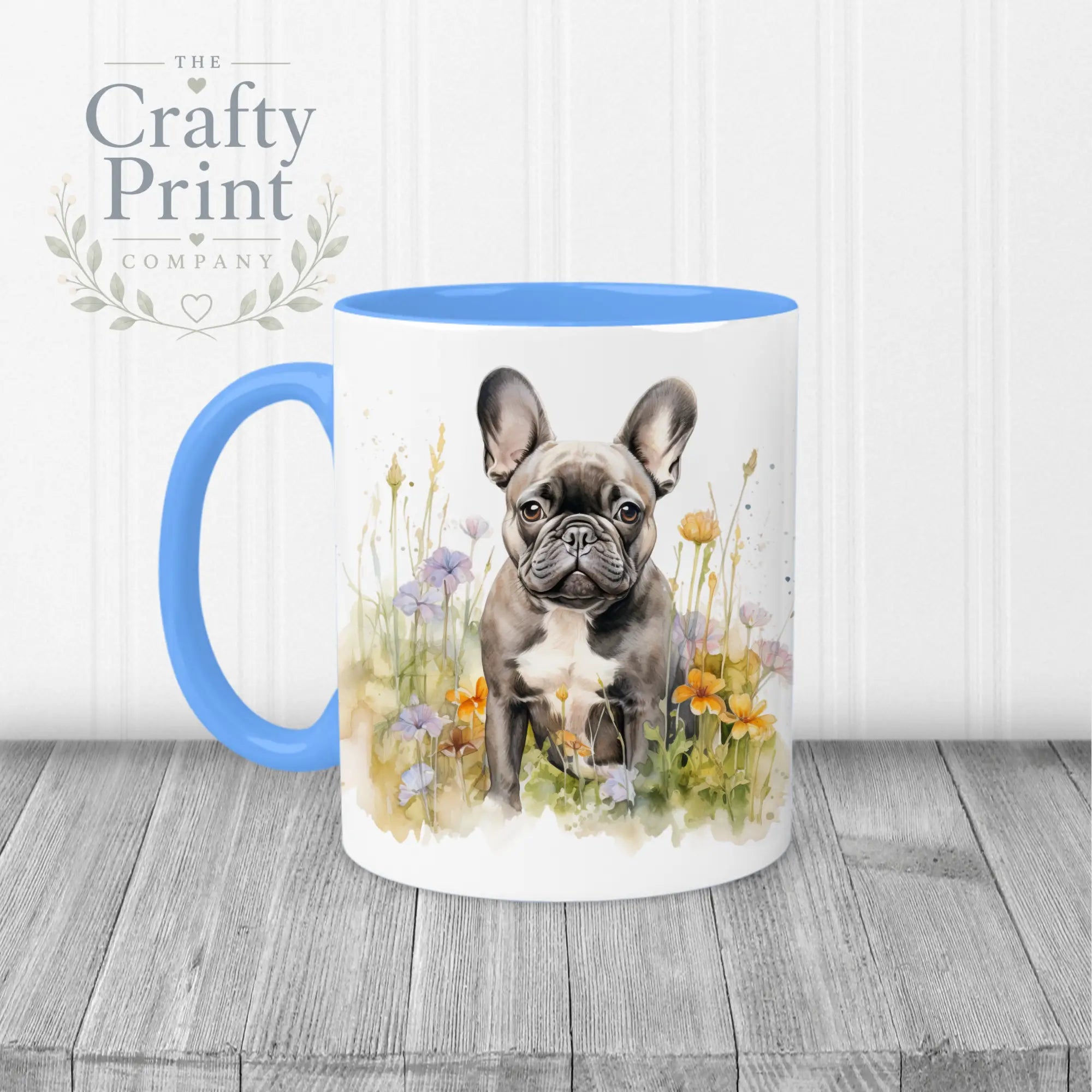Dark French Bulldog Flowers Mug - 11oz Ceramic / Blue