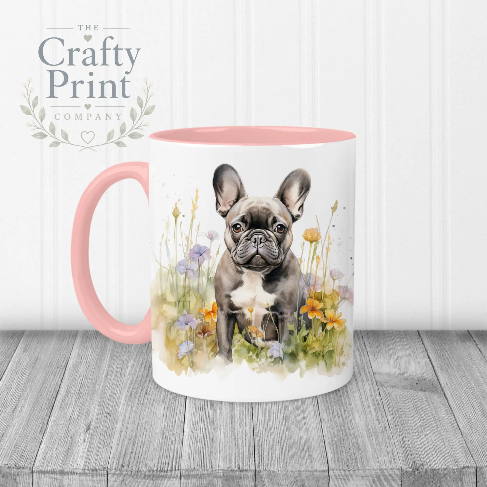 Dark French Bulldog Flowers Mug - 11oz Ceramic / Pink