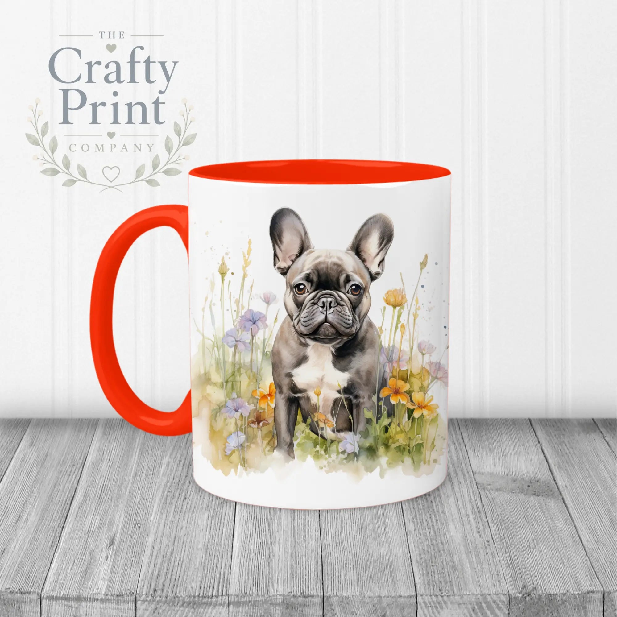 Dark French Bulldog Flowers Mug - 11oz Ceramic / Red Handle