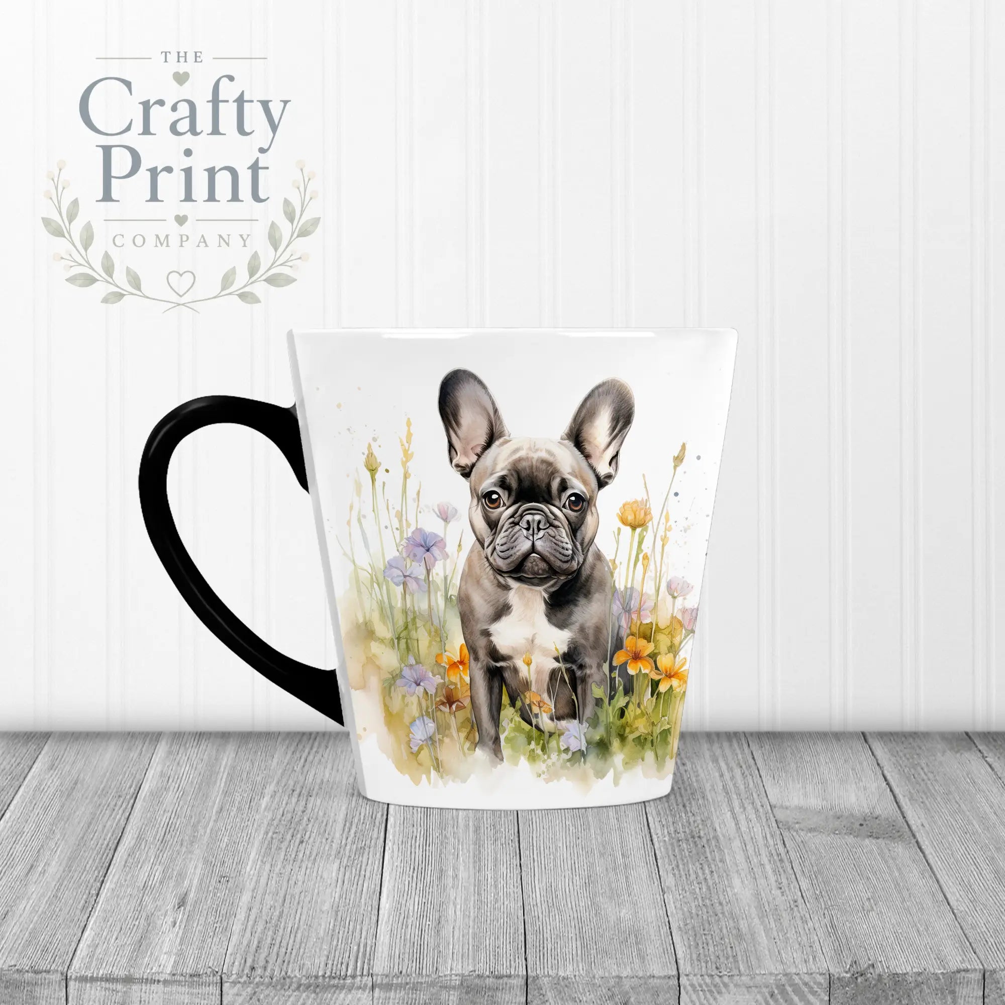 Dark French Bulldog Flowers Mug - 12oz Latte / Black Handle