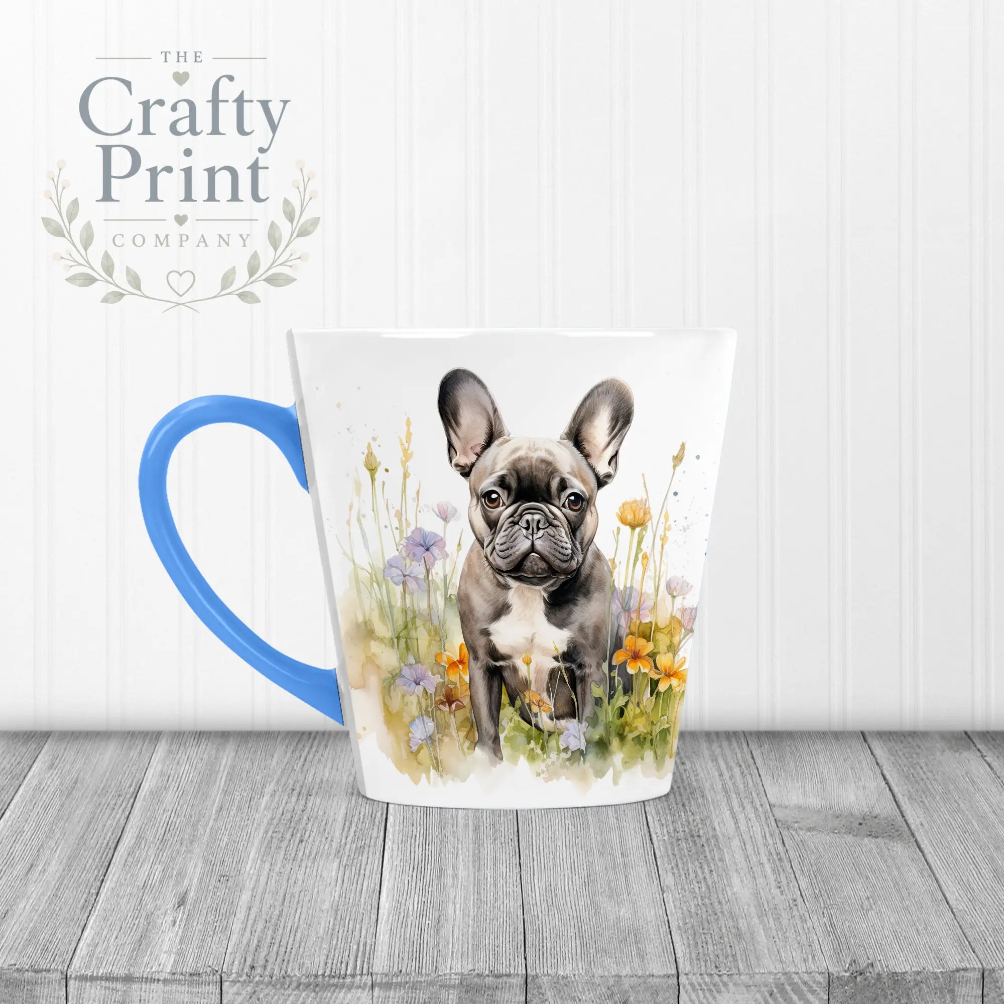 Dark French Bulldog Flowers Mug - 12oz Latte / Blue Handle