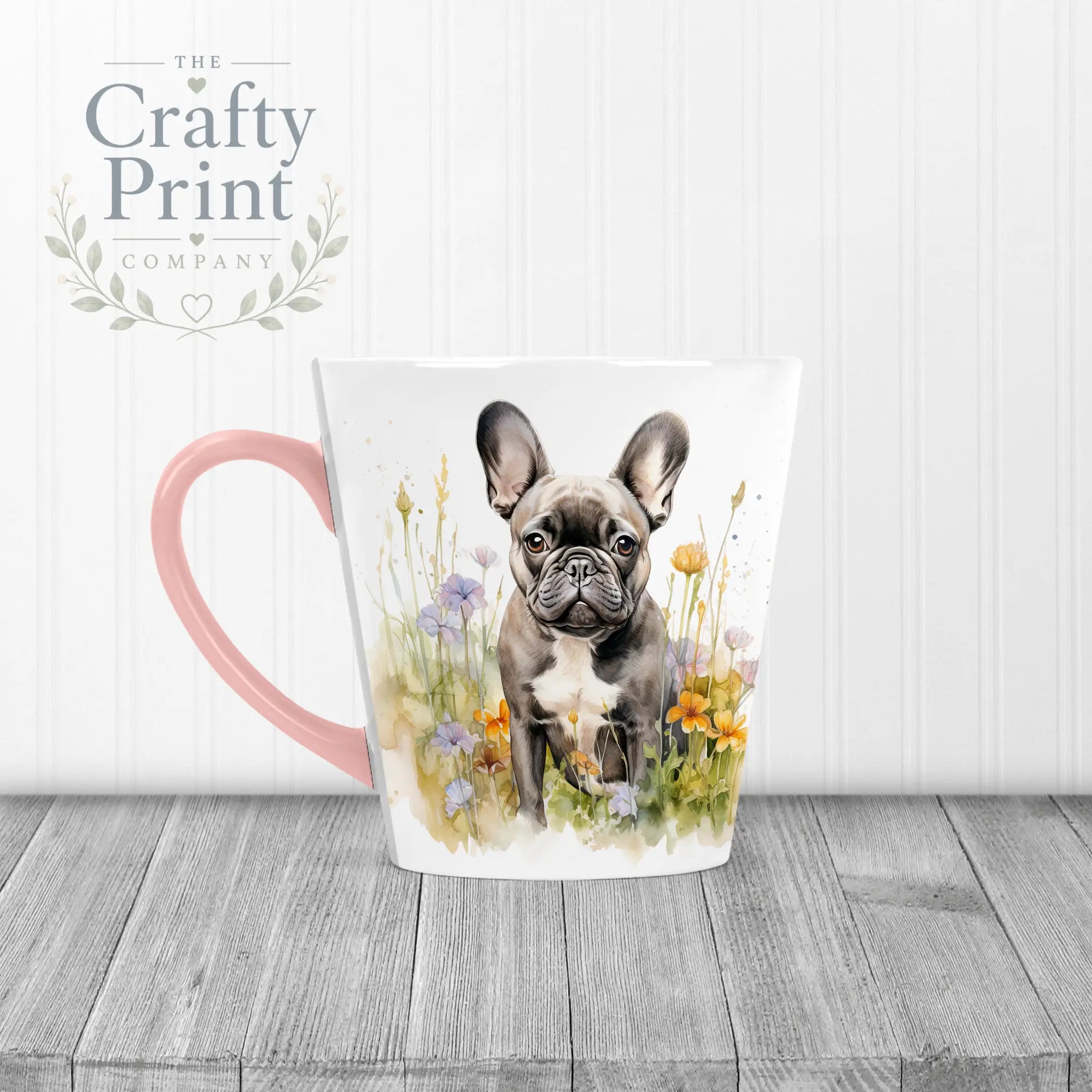 Dark French Bulldog Flowers Mug - 12oz Latte / Pink Handle