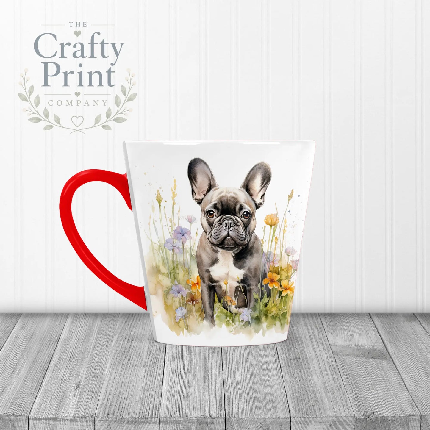 Dark French Bulldog Flowers Mug - 12oz Latte / Red Handle &