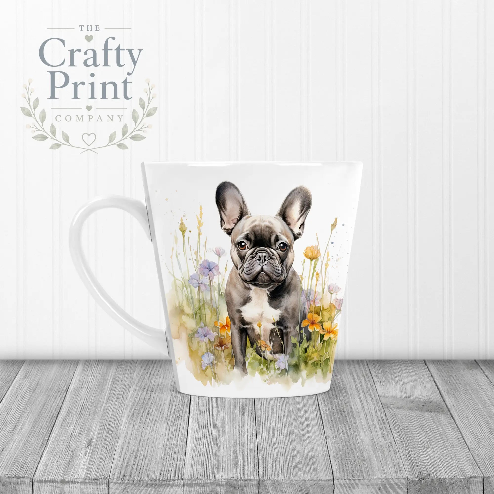 Dark French Bulldog Flowers Mug - 12oz Latte / White Handle