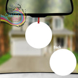 White circular car air freshener hanging from rearview mirror with fragrance bottle for custom car air freshener design