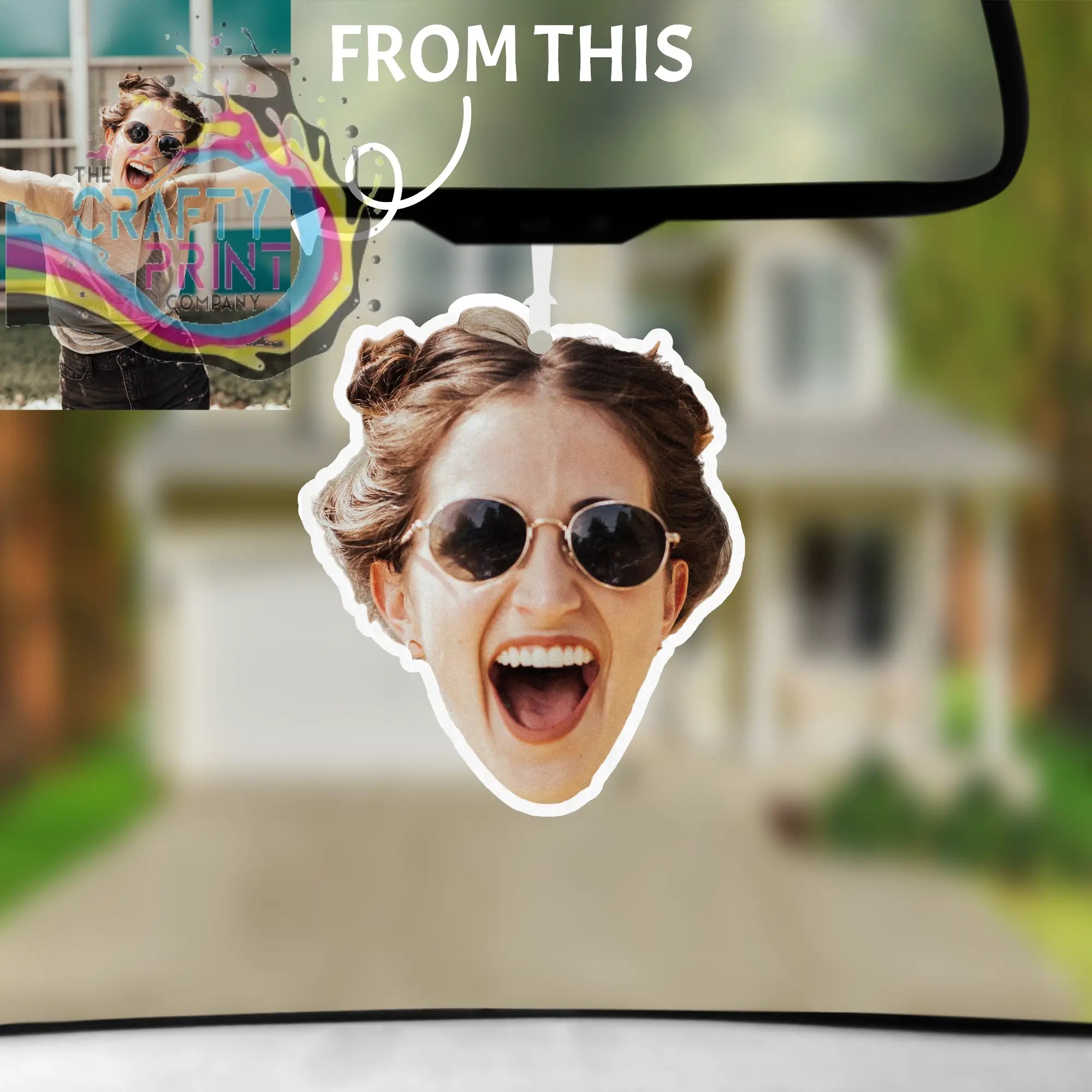 Personalized contour cut car air freshener shaped like a smiling woman with brown hair and round sunglasses