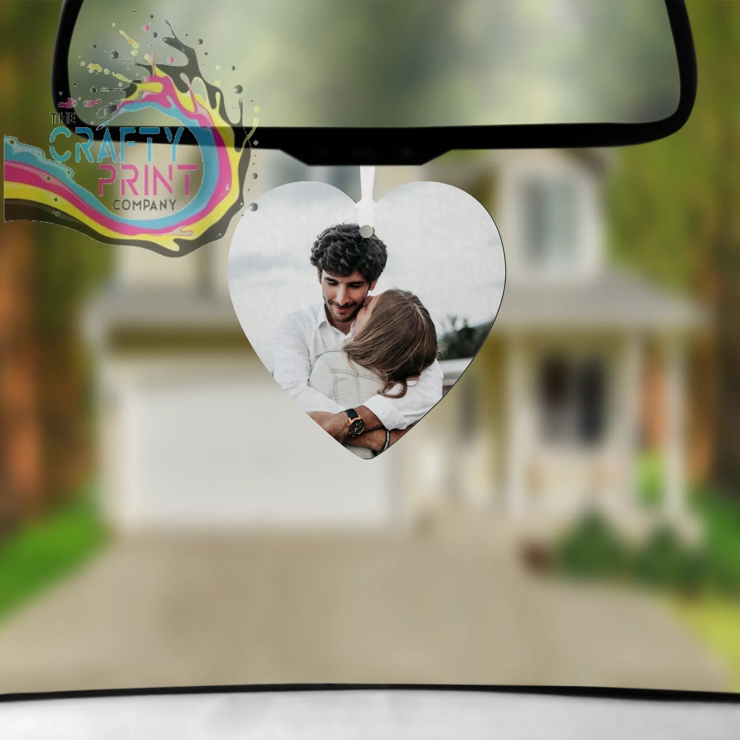 Design your own heart shape car air freshener with glossy finish and a photo of couple embracing in soft tones