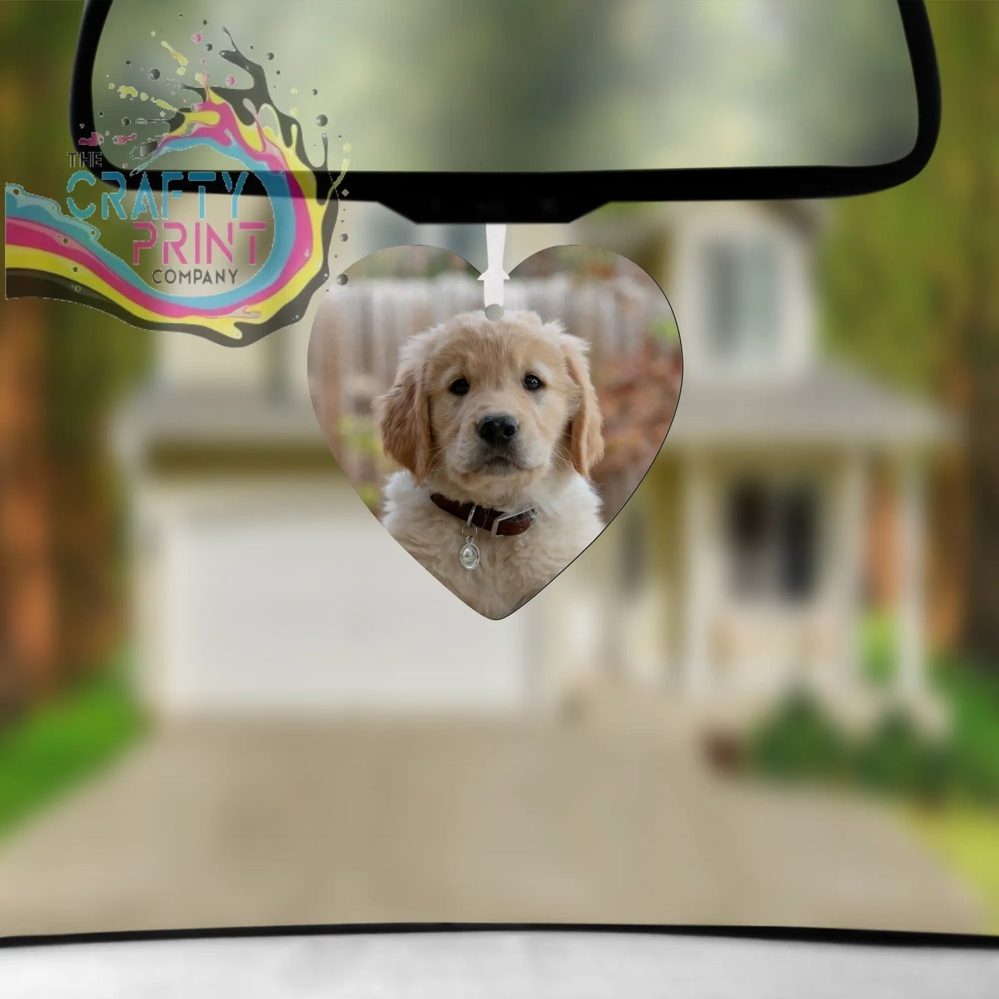 Heart-shaped car air freshener featuring a golden retriever puppy photo with soft fur for car air use