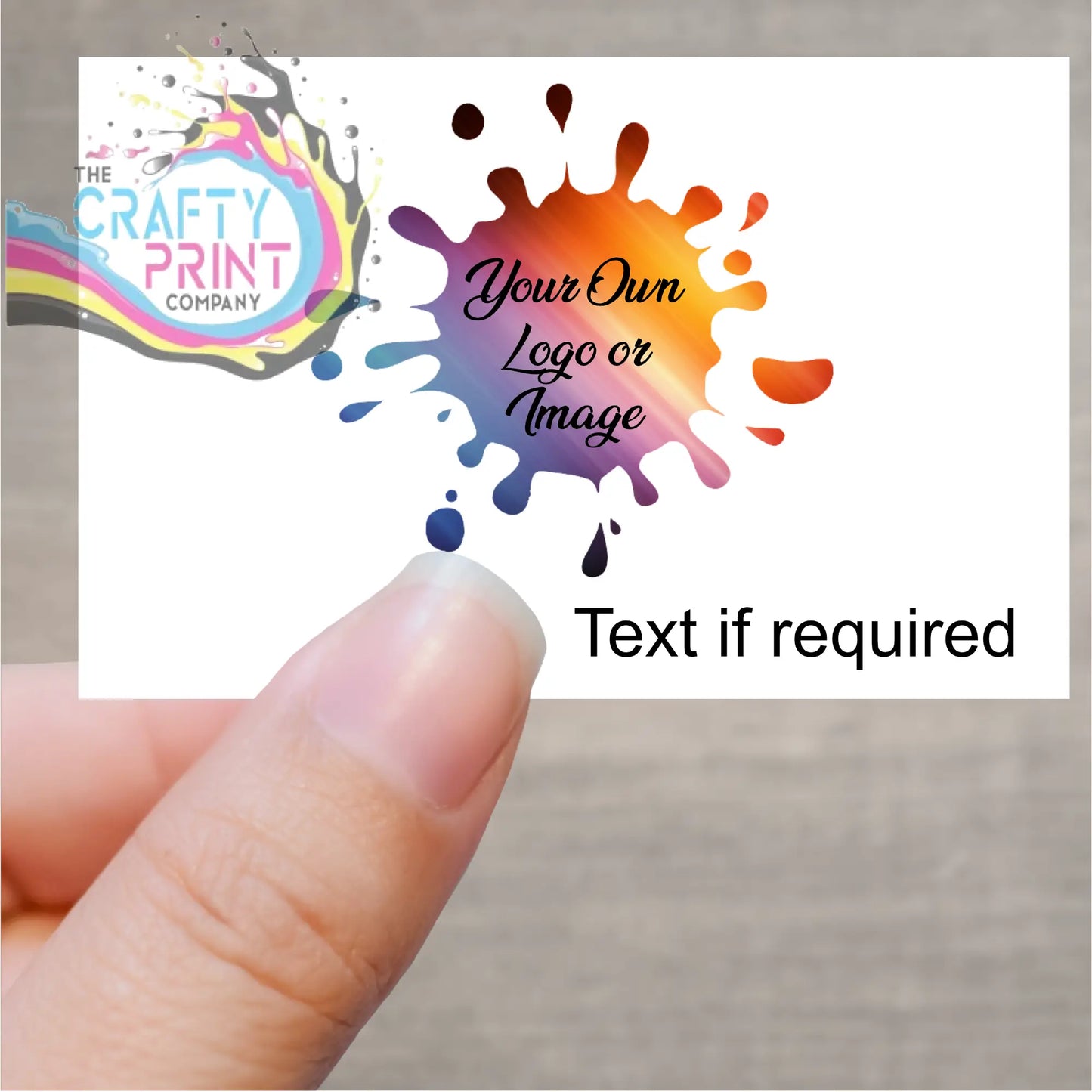 A customizable white gloss business card with premium gloss white finish and colorful paint splatter design sticker printed