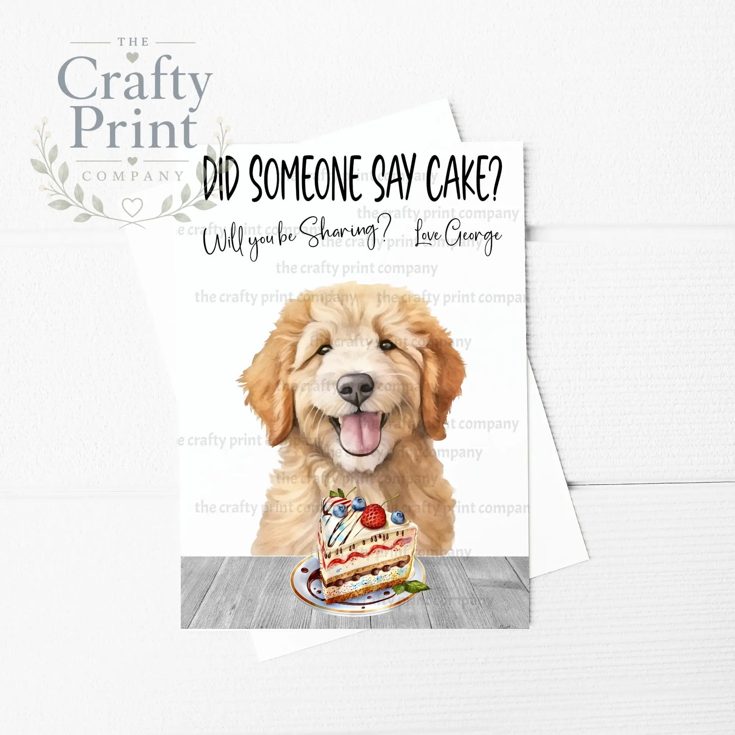 Did someone say cake? Goldendoodle A5 Birthday Card