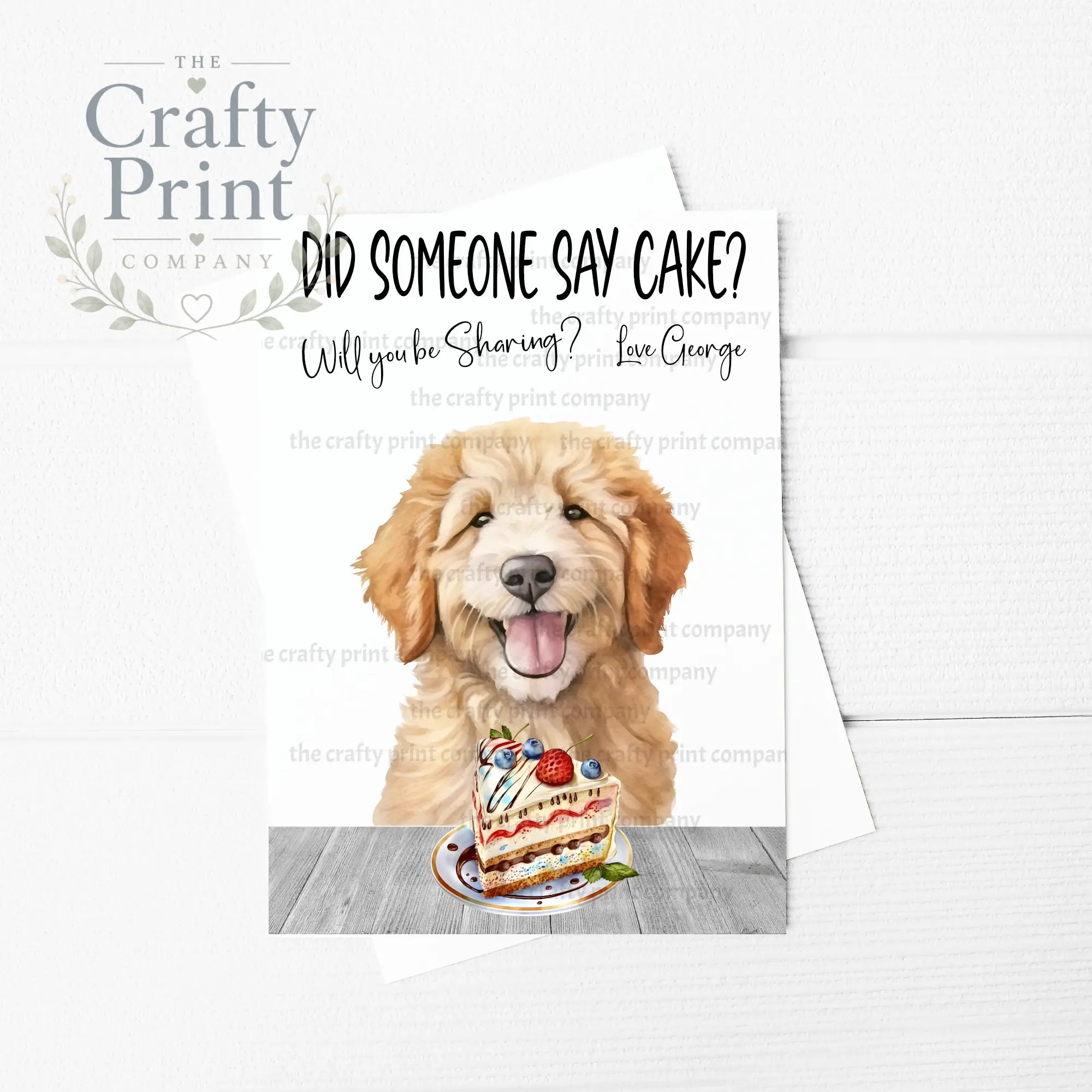 Did someone say cake? Goldendoodle A5 Birthday Card